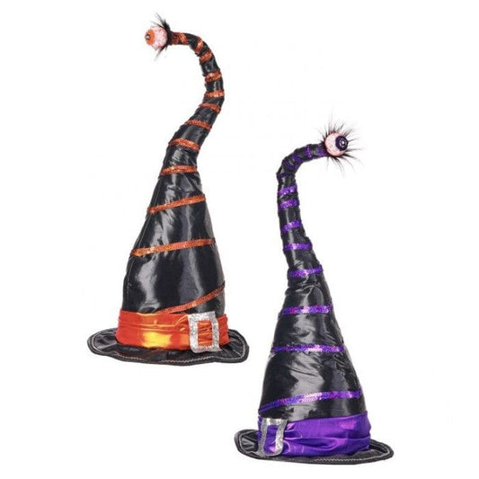 Black Halloween witch hats with curled tips, eyeball toppers, orange and purple spiral trim