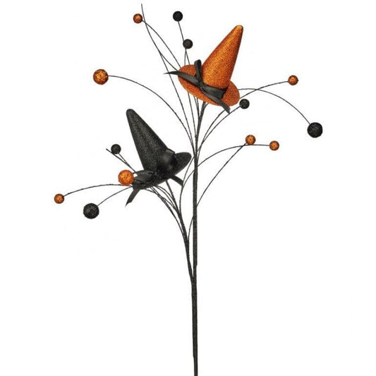 Glitter witch hat spray pick with orange and black hats and berry stems