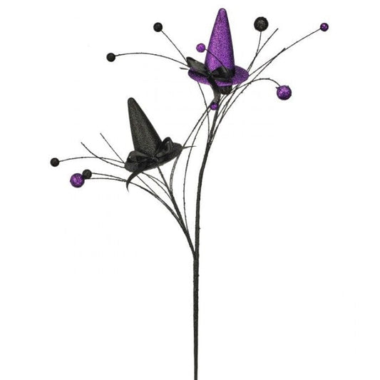 Halloween spray pick with glitter black and purple witch hats and berry stems