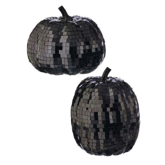 Two black mosaic mirror tile pumpkin figurines in wide and tall shapes