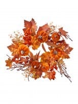 12 inch autumn candle ring with orange velvet pumpkins, maple leaves, and berries
