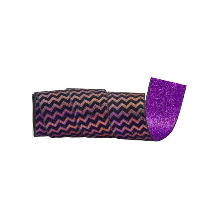Rolled velvet ribbon with glitter zigzag chevron pattern, purple glitter reverse side visible