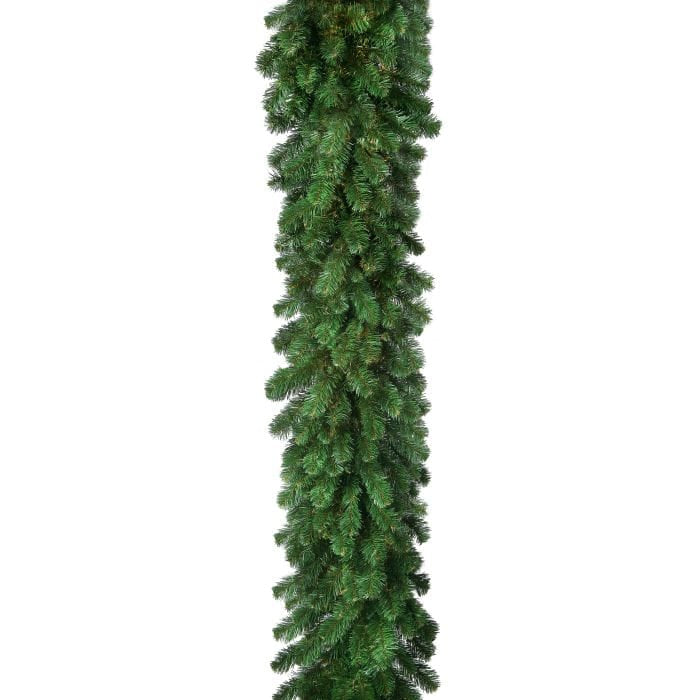 Lush artificial pine garland with full, layered branches displayed vertically against white background