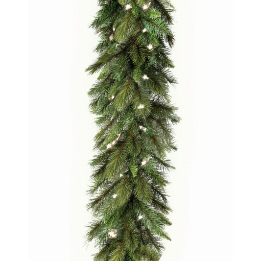 Pre-lit artificial pine garland with warm white lights on a clean white background