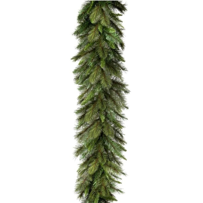 Lush artificial pine garland with mixed green needle tips, vertical product view