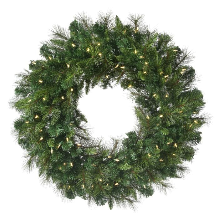 Pre-lit artificial pine Christmas wreath with warm white LED lights, front view