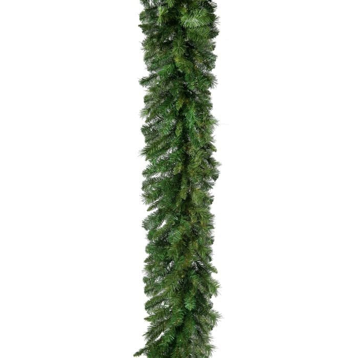 Lush artificial pine garland with dense needle branches displayed vertically against white background