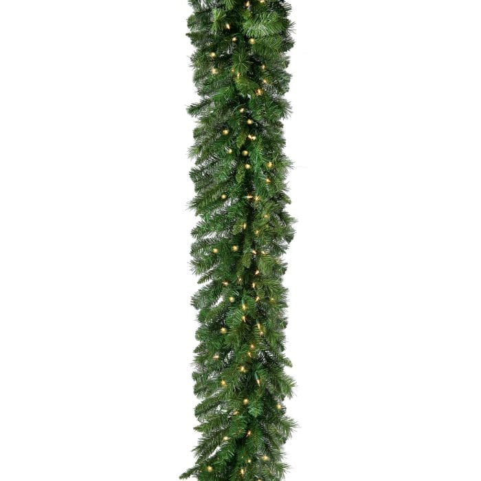 Pre-lit artificial pine garland with warm white LED lights, displayed vertically on white background