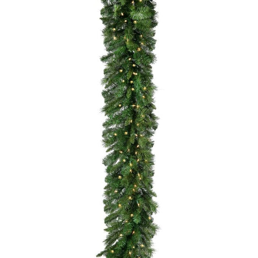 Pre-lit artificial pine garland with warm white LED lights, displayed vertically on white background