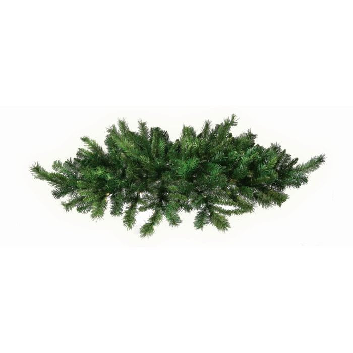 Artificial pine centerpiece swag with dense green branches spreading horizontally, top view