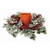 Frosted grape leaf and red berry candle ring with orange pillar candle, 14-inch