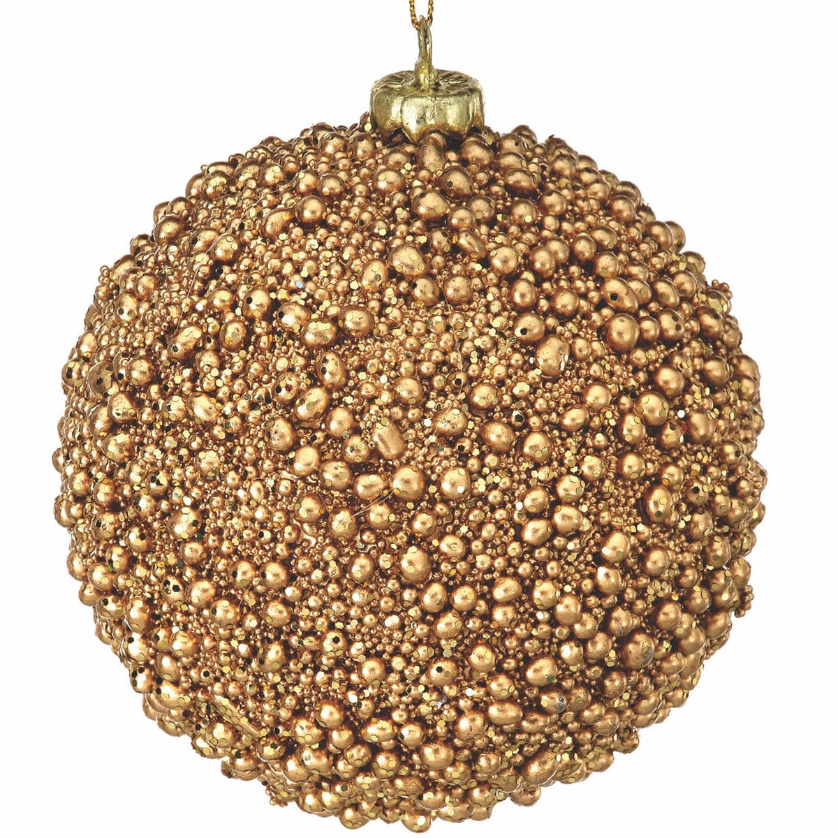 Round Christmas ball ornament covered in metallic gold mini beads and glitter, hanging view