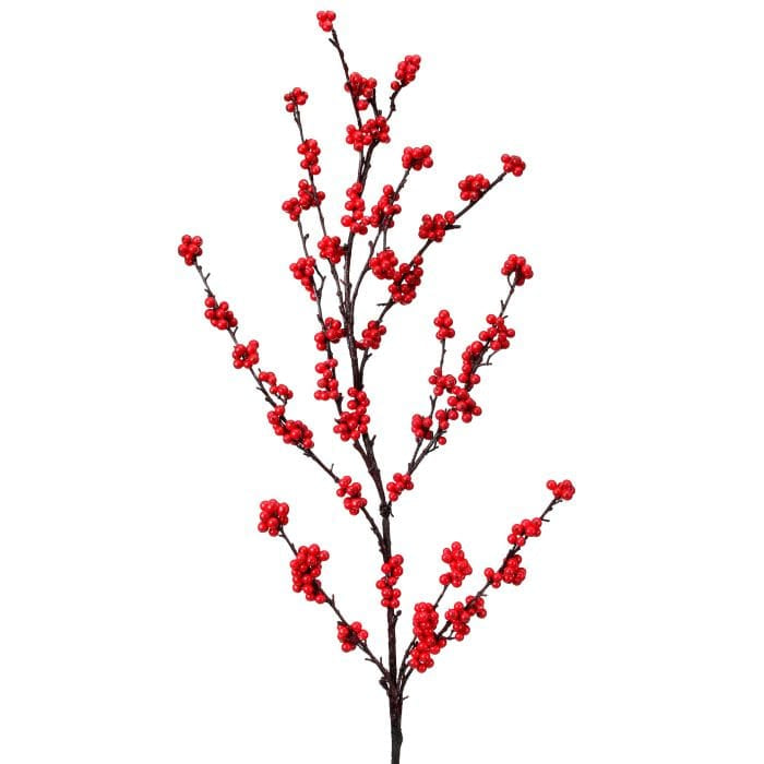Decorative branch spray with clusters of small red berries on dark twigs, front view
