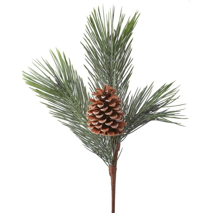Artificial pine spray with long green needles and a single frosted brown pine cone, front view