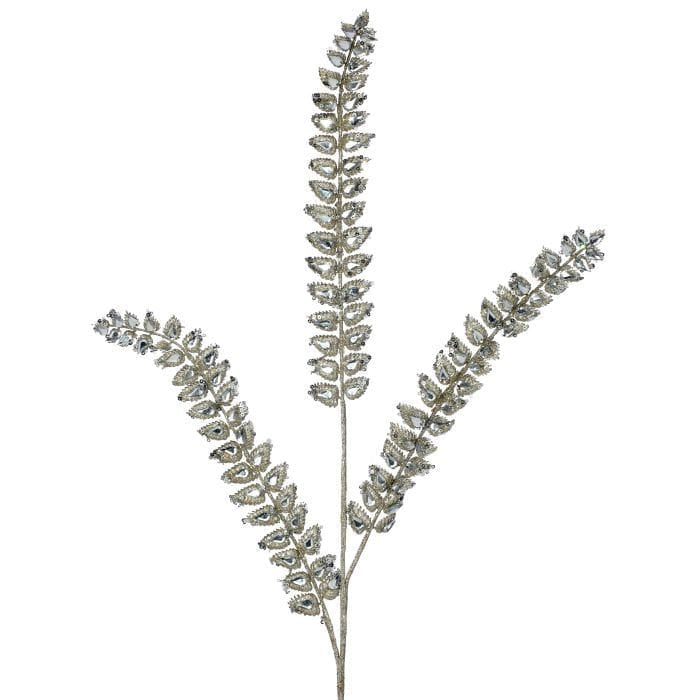 Decorative fern spray with three branches featuring jeweled glitter leaf details on a stem
