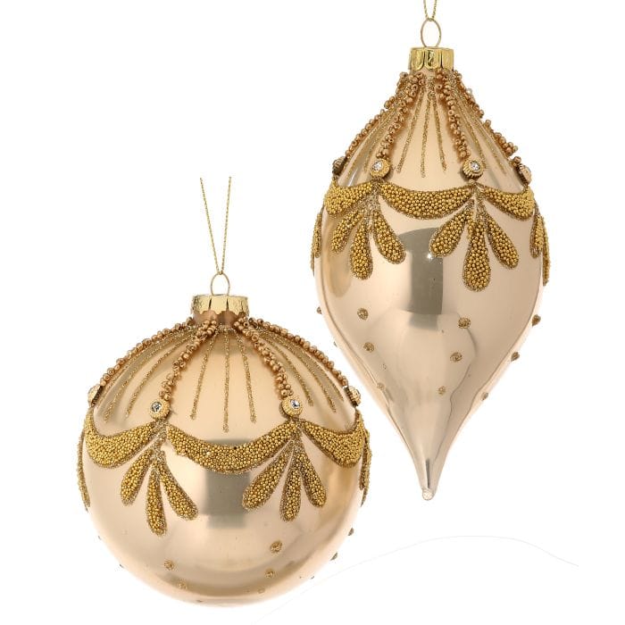 Two gold glass ornaments with beaded Art Deco swag detailing, round ball and teardrop finial shapes