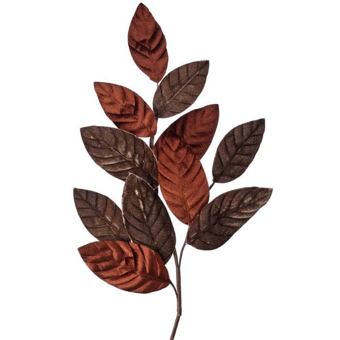 Artificial velvet leaf spray branch with multiple oval leaves in rich rust and brown tones