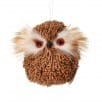 Small round brown faux fur owl ornament with white feather details and red eyes