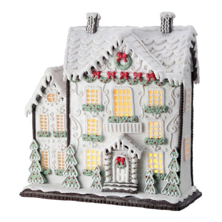 13.5"LED BTY/TMR WHITE GINGERBREAD CAKE HOUSE