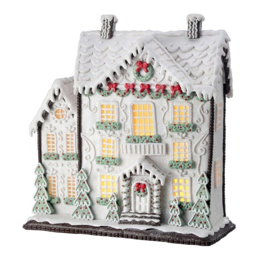 13.5"LED BTY/TMR WHITE GINGERBREAD CAKE HOUSE