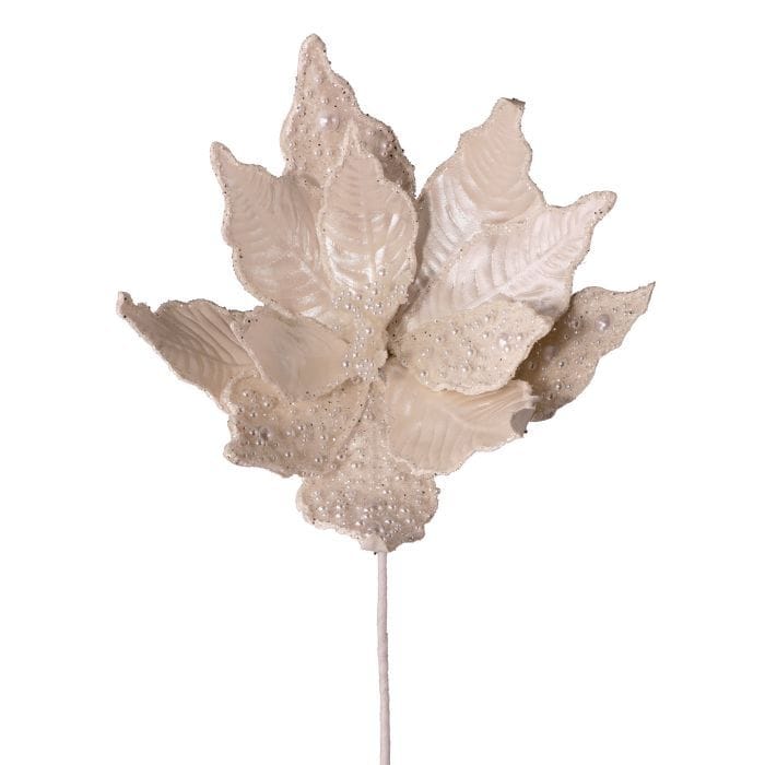 Cream velvet poinsettia stem with pearl and sequin embellishments on a white stick