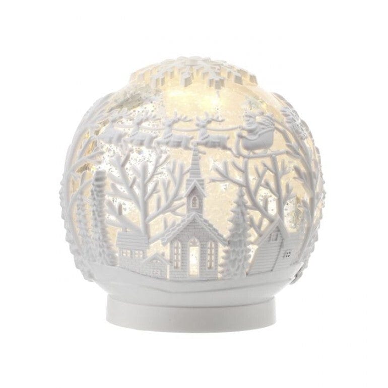 White LED glass globe with winter village and Santa sleigh holiday scene, USB powered