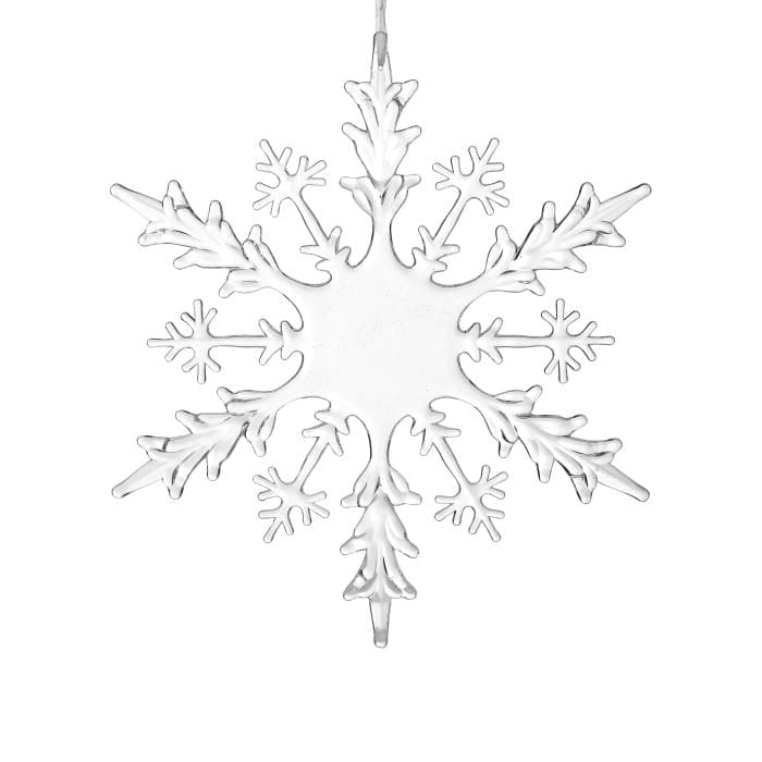 Large clear acrylic snowflake ornament with intricate branching details, hanging view