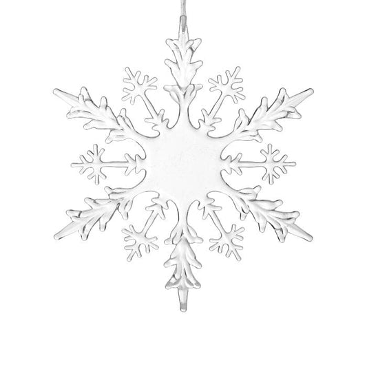 Large clear acrylic snowflake ornament with intricate branching details, hanging view