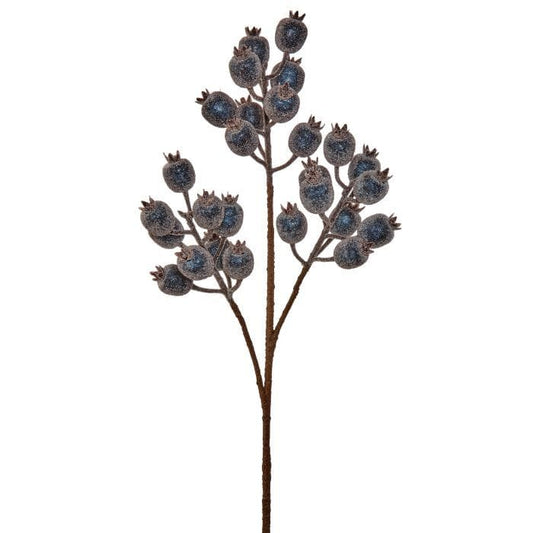 Frosted blue berry spray with glittered pomegranate-style berries on branching brown stems