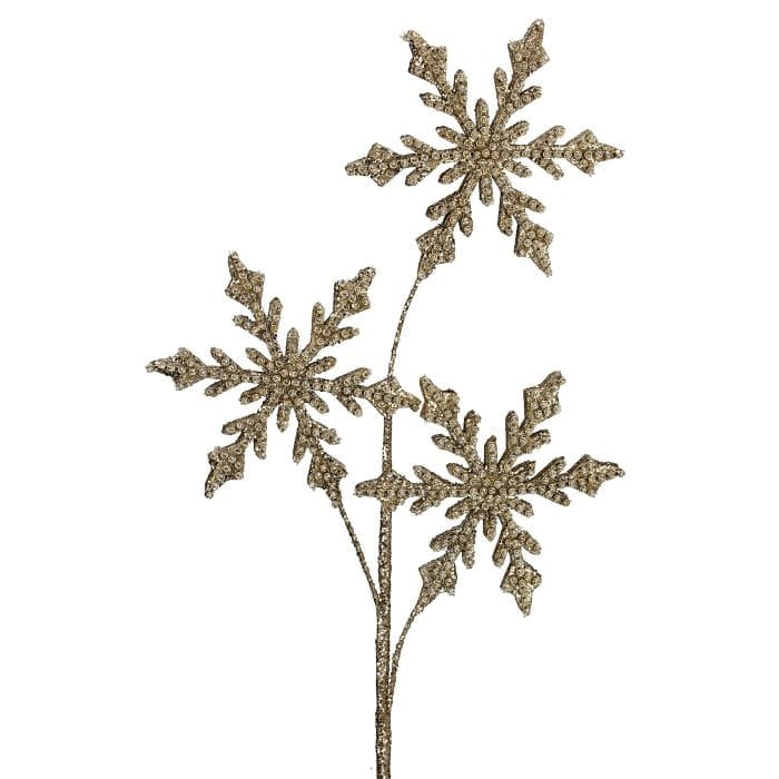 Decorative spray with three jewel-beaded snowflakes on glittered stems, champagne gold finish