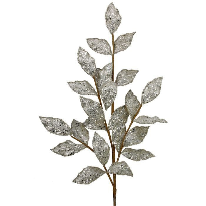 Glittery champagne-toned artificial bay leaf spray branch with sequined leaves on brown stem