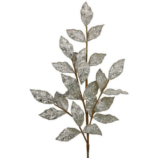 Glittery champagne-toned artificial bay leaf spray branch with sequined leaves on brown stem