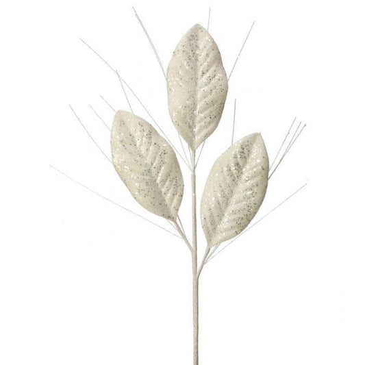 White 28"MICRO BEADED/SEQUINED MAGNOLIA LEAF SPRAY