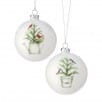 Two white frosted glass ball ornaments with green potted plant illustrations inside