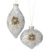 Silver glass filigree finial ornaments with gold floral centers, two styles shown