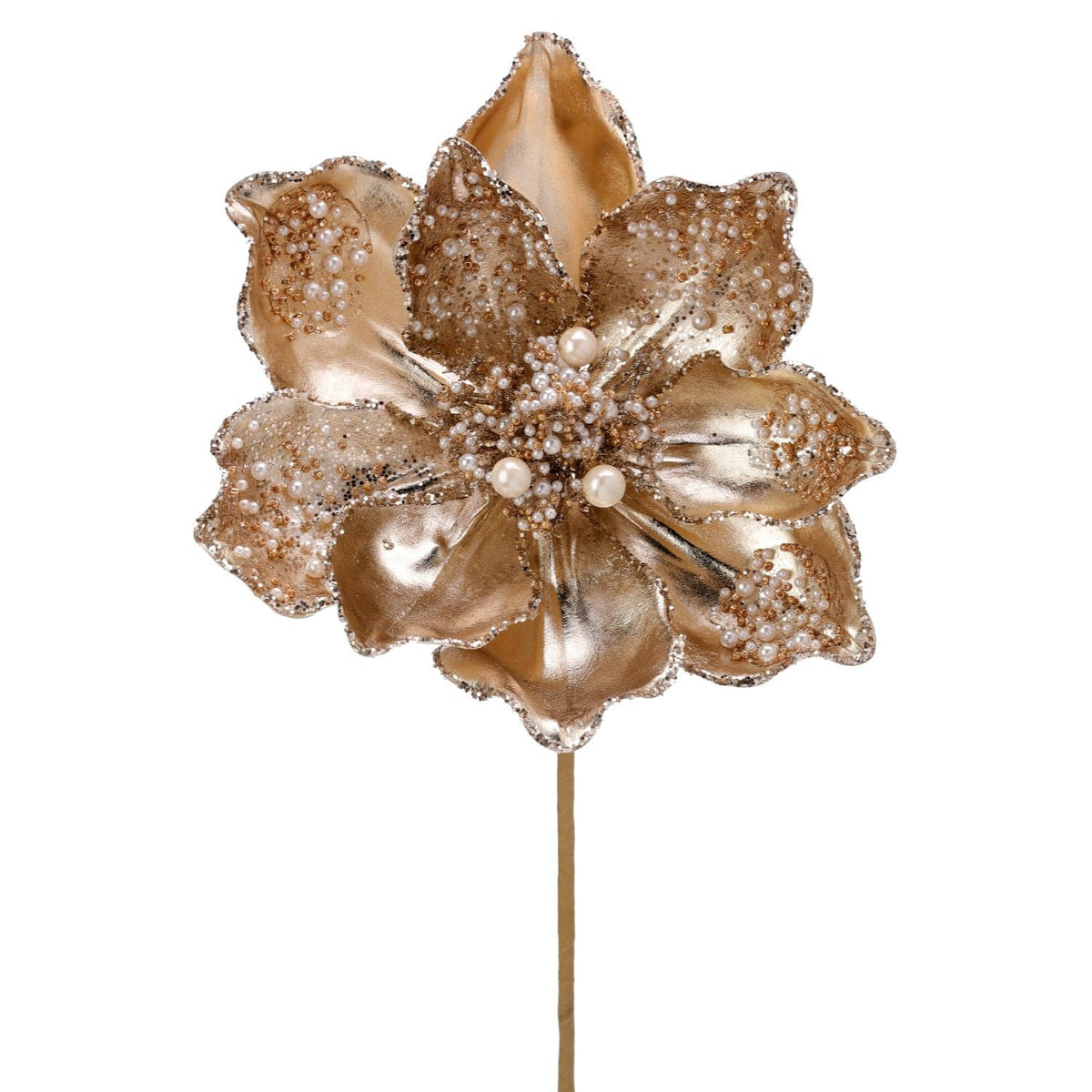 Metallic gold artificial magnolia flower stem with pearl center and glitter-edged petals