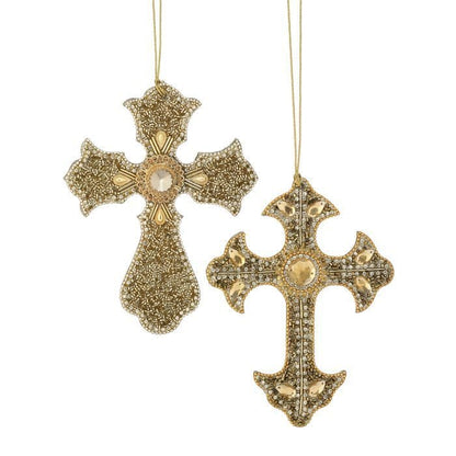 Two ornate gold beaded cross ornaments with jewel embellishments and gold hanging strings
