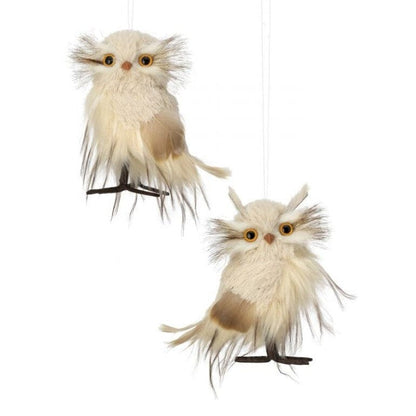 Pair of fluffy cream and brown feathered owl ornaments hanging on clear strings