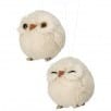 Two chubby white plush snow owl Christmas ornaments with round fluffy bodies