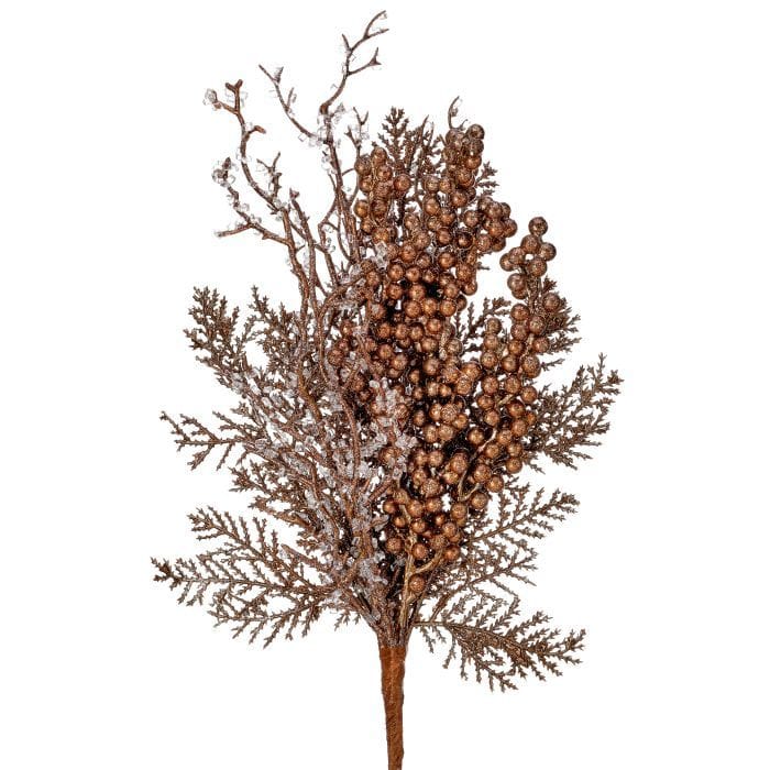 Decorative floral pick with metallic copper berries, icy twig branches, and cedar foliage