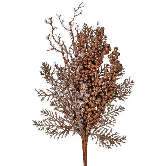 Decorative floral pick with metallic copper berries, icy twig branches, and cedar foliage