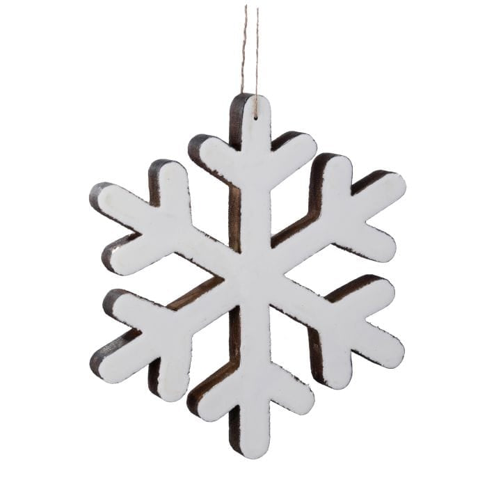 Wooden snowflake ornament with white enamel finish and dark edges, hung by twine string