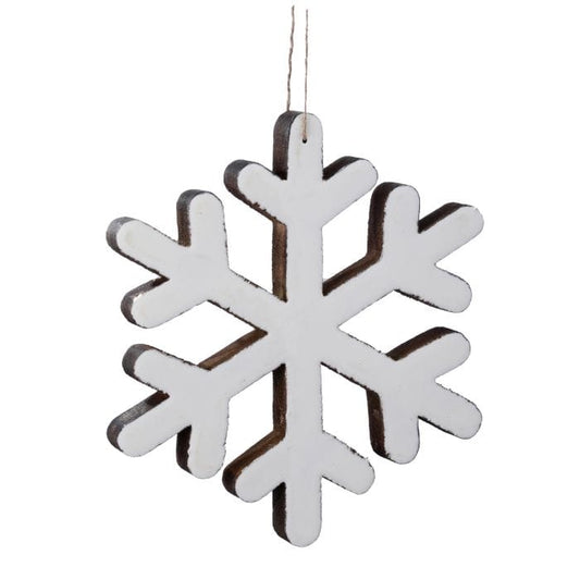 Wooden snowflake ornament with white enamel finish and dark edges, hung by twine string