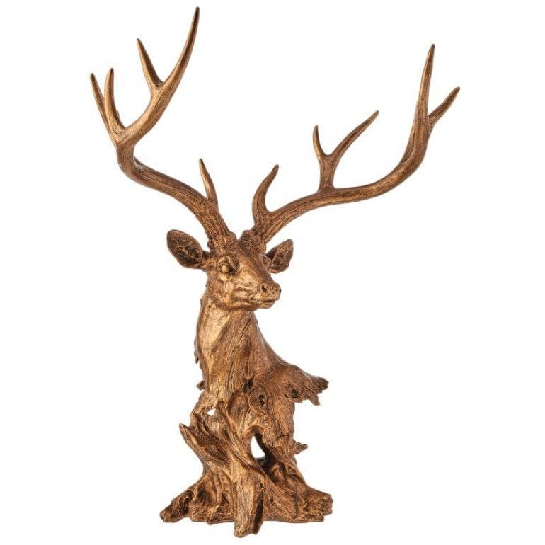 Large gold resin stag deer bust sculpture with grand antlers on driftwood base