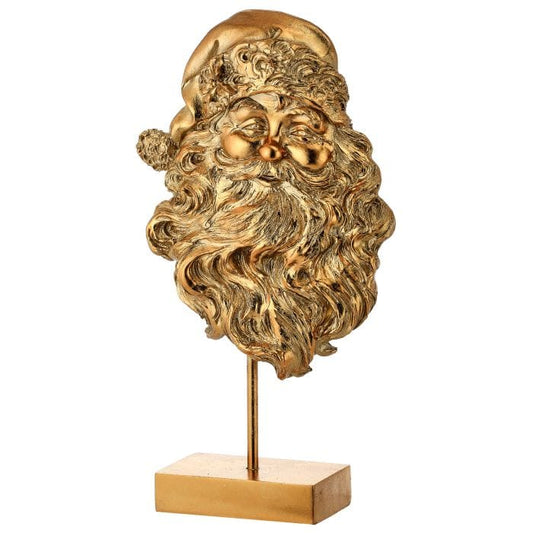 Gold resin Santa Claus face sculpture on a rectangular pedestal stand, front view