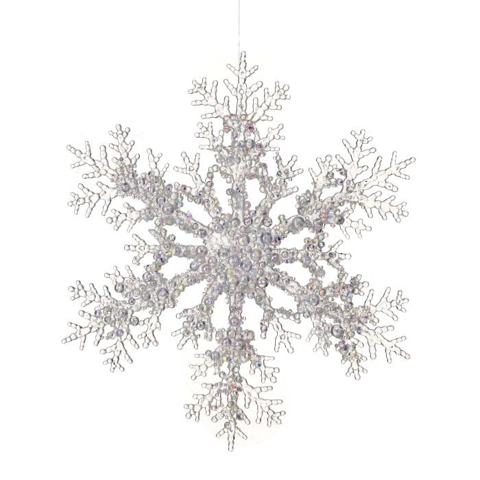 Large acrylic snowflake ornament adorned with iridescent beads and gems, hanging display