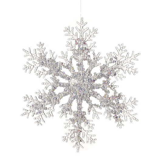 Large acrylic snowflake ornament adorned with iridescent beads and gems, hanging display
