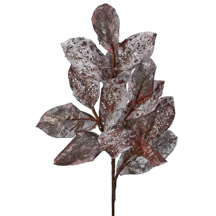 Artificial salal leaf spray with metallic rose finish and scattered glitter jewel accents