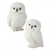 Two white glitter resin owl figurines in winter chalet style, 7 inches tall