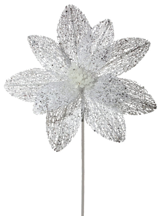 Sparkling white and silver mesh net poinsettia flower pick on a white stem